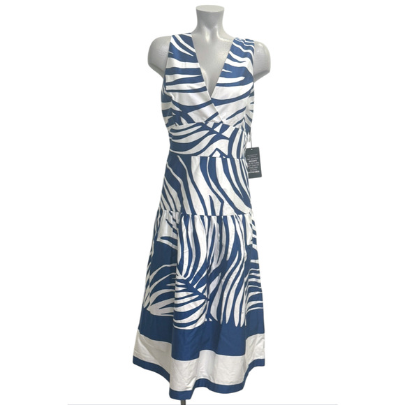 WHITE HOUSE BLACK MARKET WHBM BLUE PALM SLEEVELESS V-NECK SATEEN MIDI DRESS 14 - Picture 2 of 7